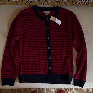 J. Crew Merino Wool Navy and Red Striped Crewneck Cardigan